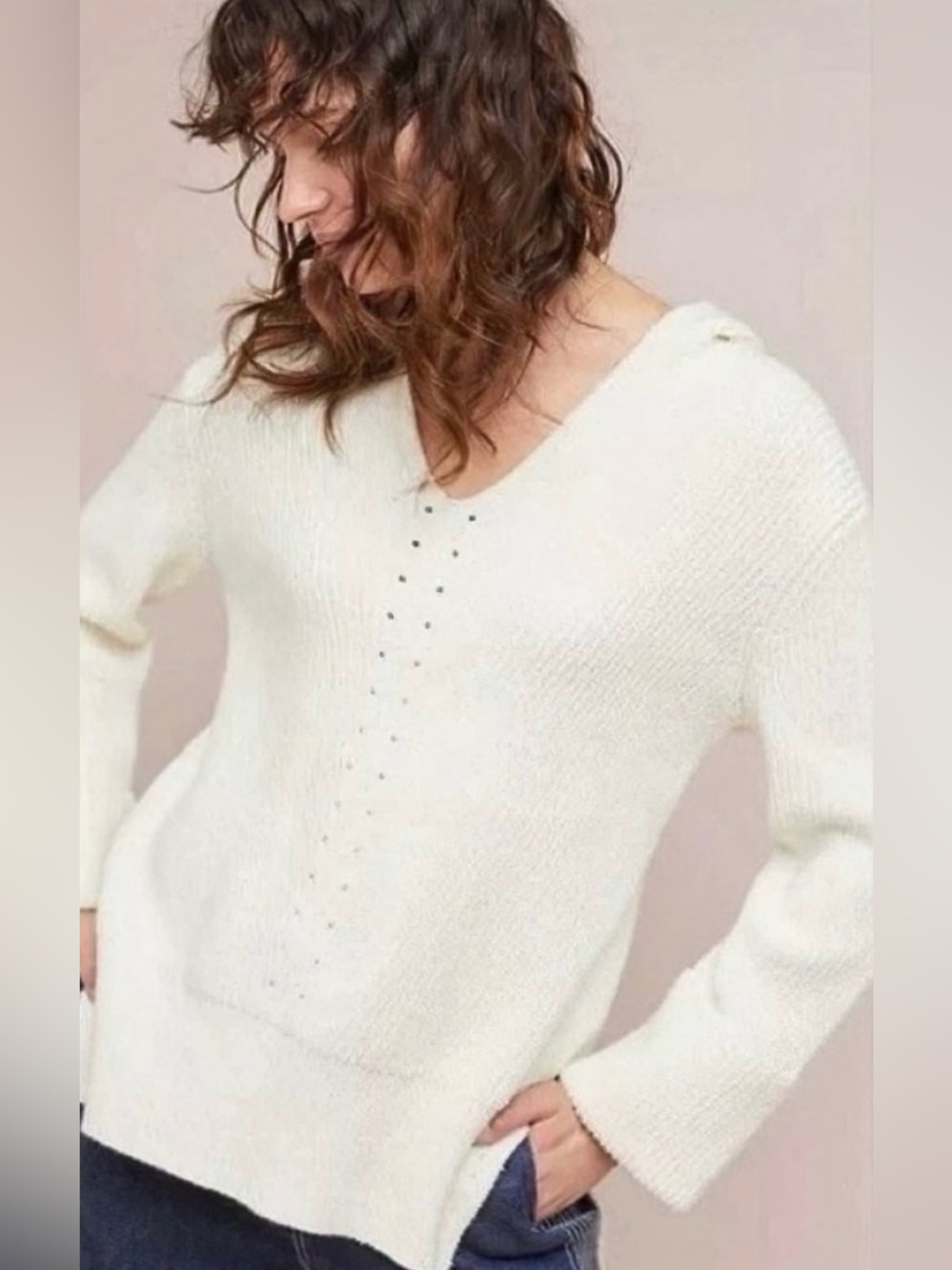 Anthologies White Chubky Ribbed V-Neck Hooded Sweater